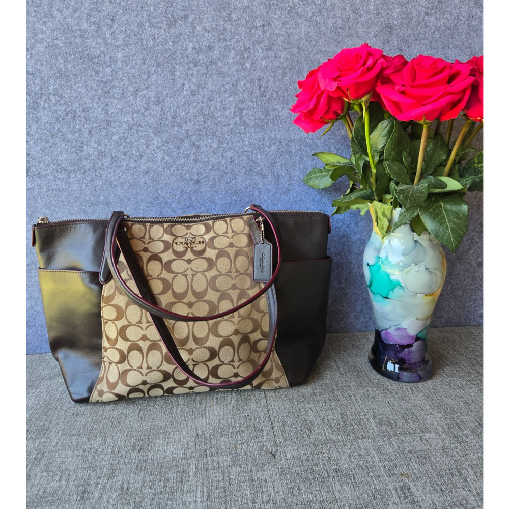 Coach Signature C Monogram Tote Gold & Brown Tones Canvas with Brown Leather